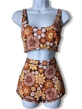 Kavala Collective Women Flower Power Vintage Swim Set Crop Top Shorts XL